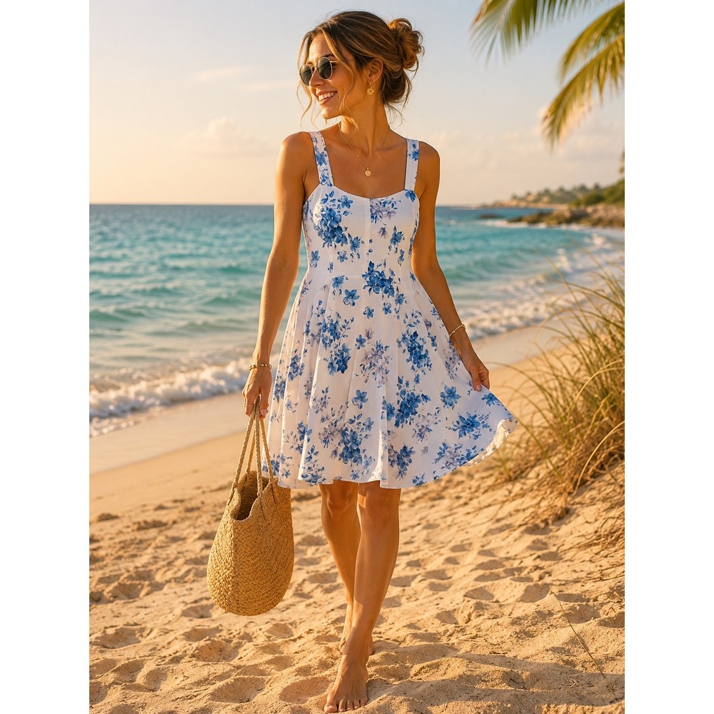 DASAP Women White Blue Floral Lace Up Back‎ Fit Flare Sun Dress Medium